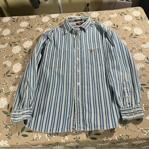 Wrangler Hero Utility Shirt Men Sz XL Blue Strip Western Rodeo Denim Long sleeve